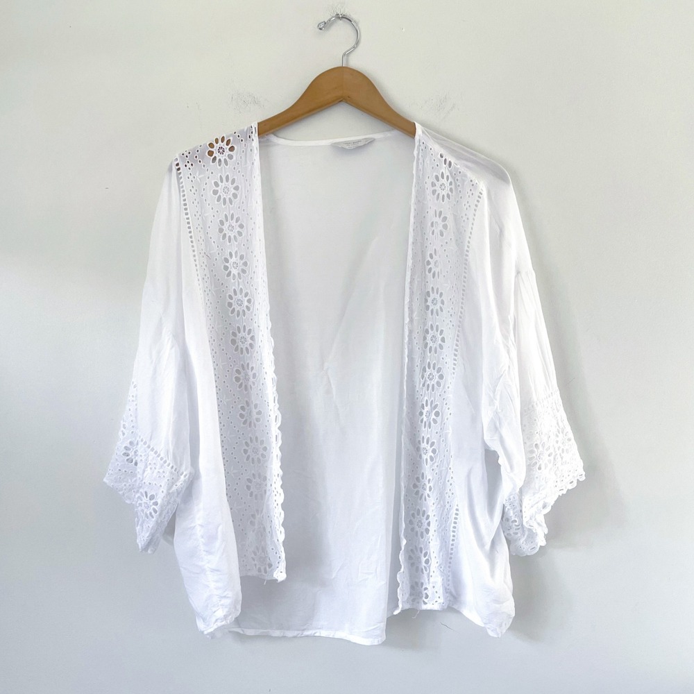 Lucky Brand White Eyelet Embroidered Kimono Wrap Boho Open Front Top Bed Jacket